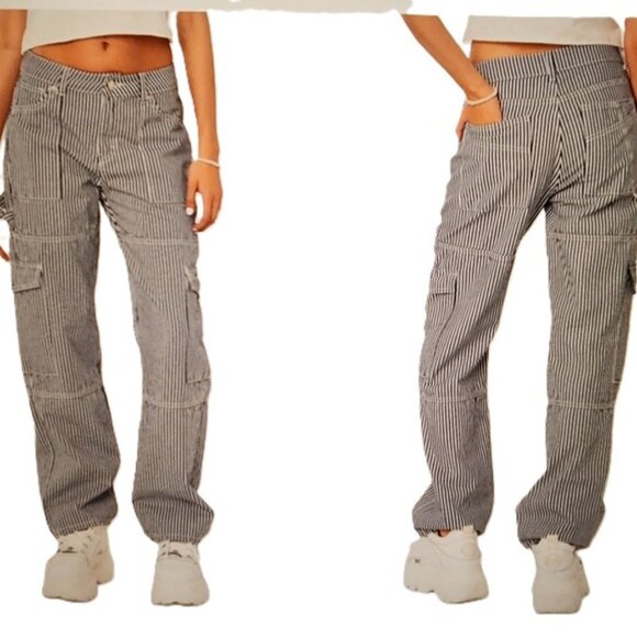 EDIKTED Women's Small Gray Stripe Out Railroad Cargo Pants Cotton Relaxed Fit - Picture 1 of 16